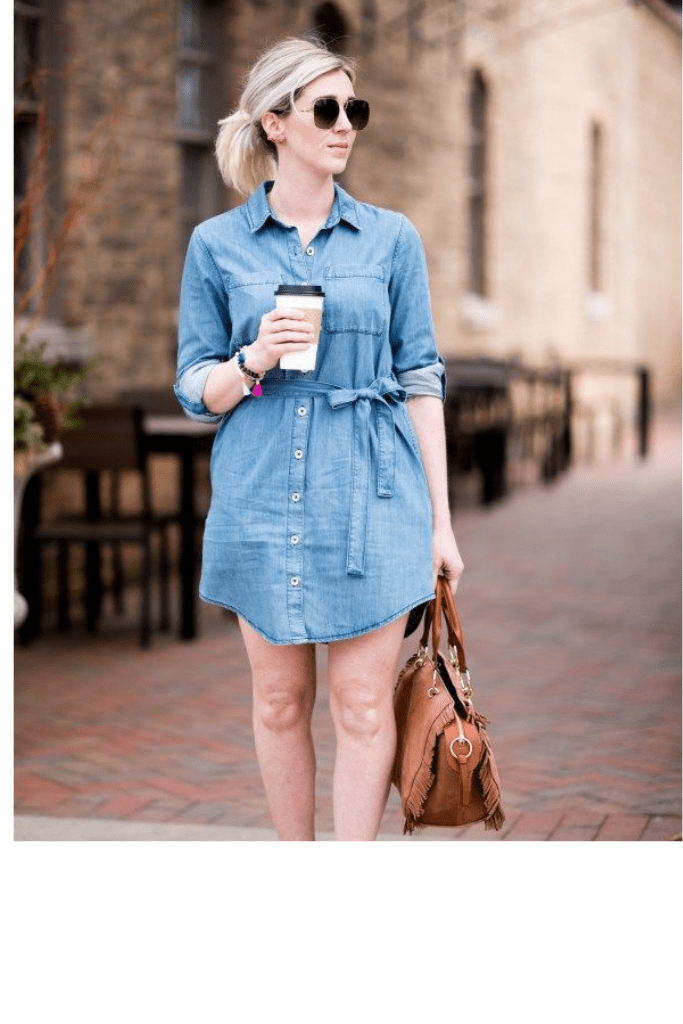 Denim dress, pointy boots, and white socks- spring work outfits