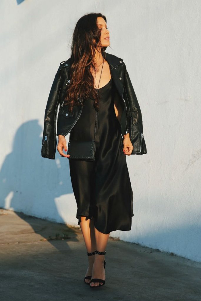 women leather jacket with a dress